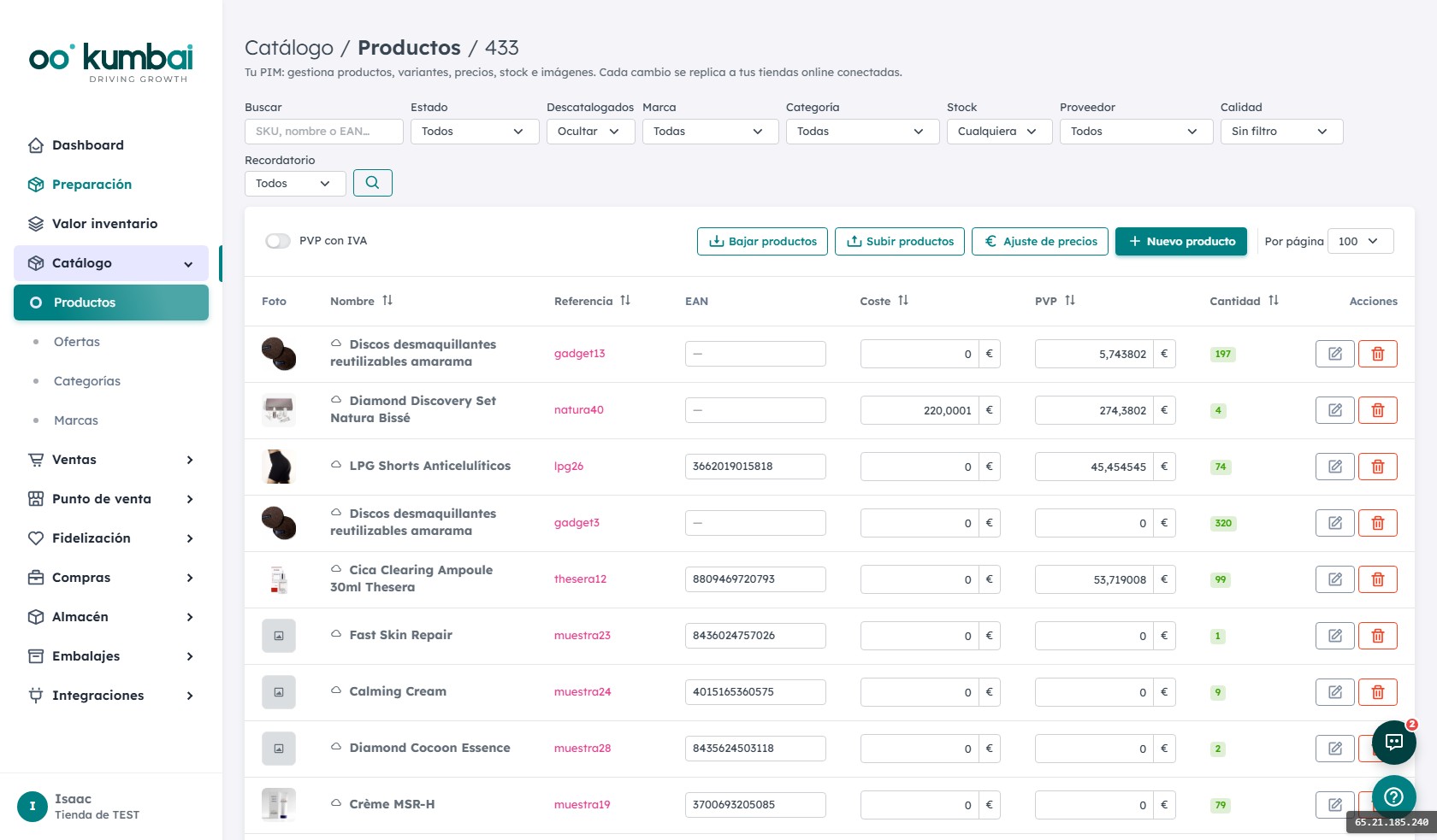 Listado de productos en Kumbai con edición inline de EAN, coste y PVP