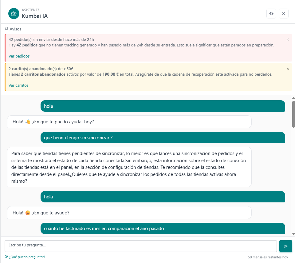 Drawer del asistente Kumbai IA con avisos proactivos y conversación contextual