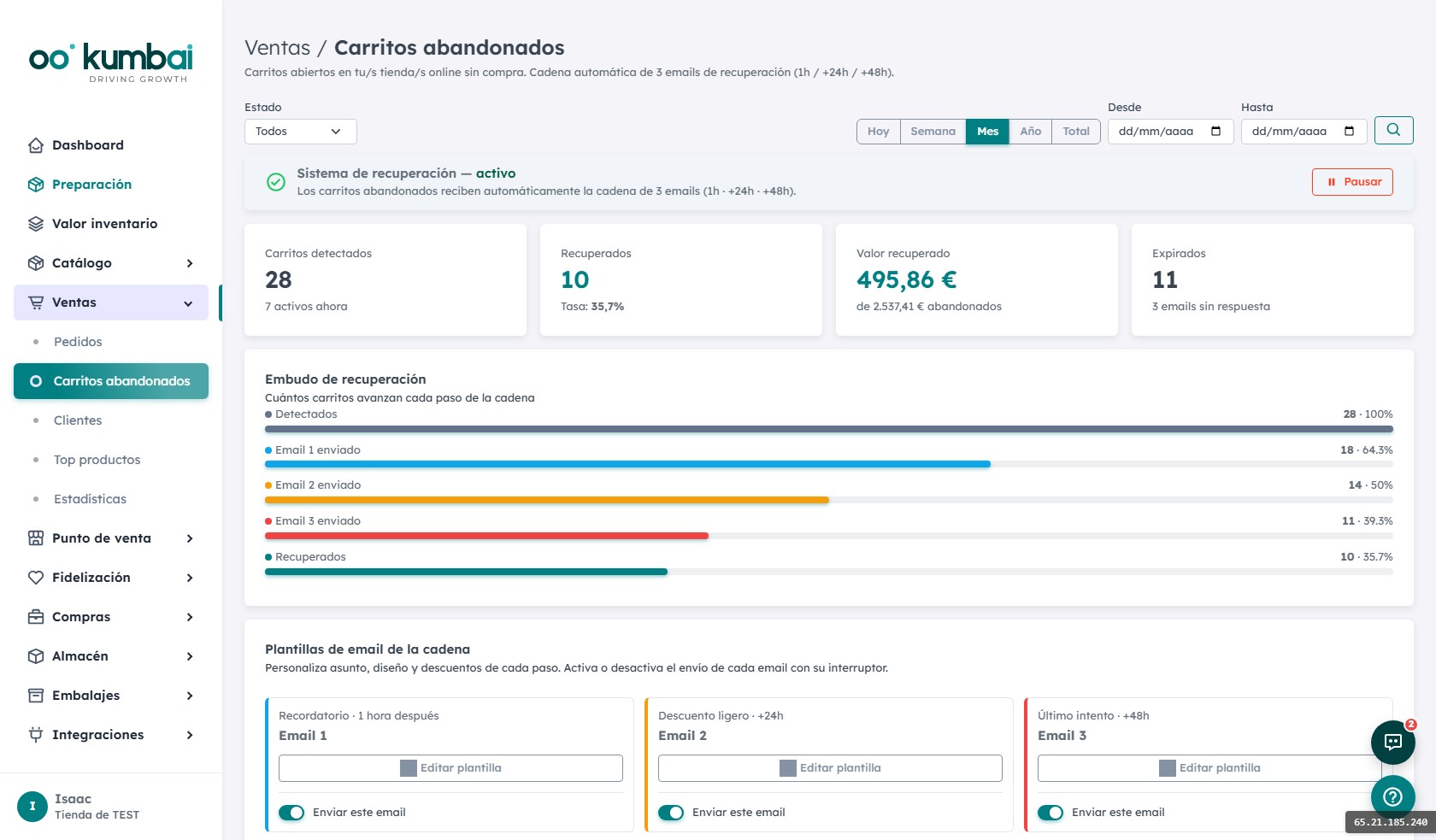 Listado de pedidos en Kumbai con filtros, estados y cliente